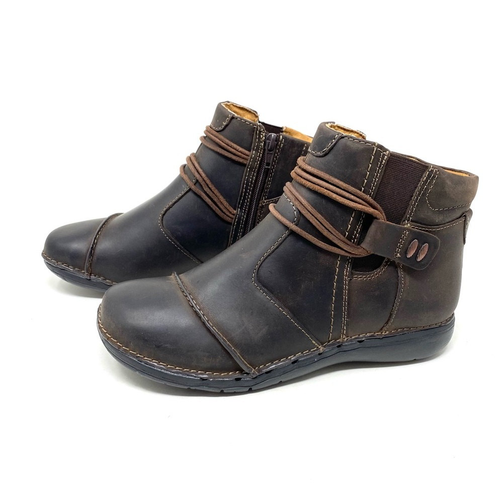 Clarks Un Loop Up Dark Brown Leather Wide Comfort Ankle Boot Side Zip - Picture 2 of 7